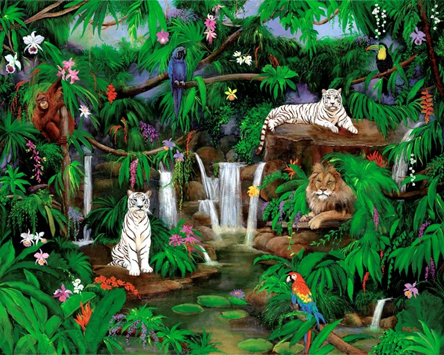 white tigers, lion, jungle, rain forest, waterfalls, jungle animals