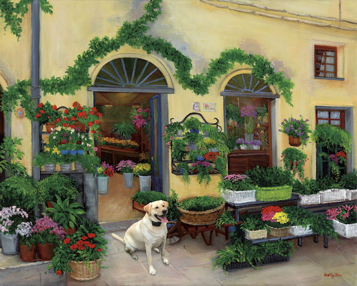 Pets in painting, flower shop, pets, dogs