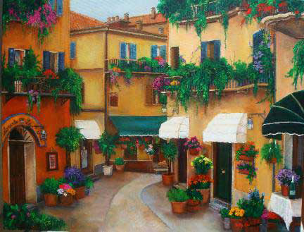 Painting  street northern Italy. Painting of shops hanging greens, flowers