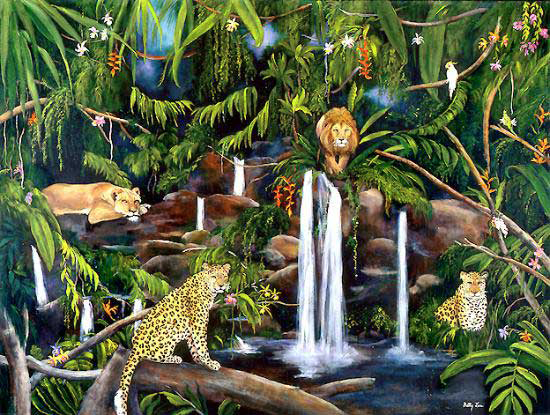 Painting of Wilflife with waterfalls, lion, Jaguar. Paintingof leopards