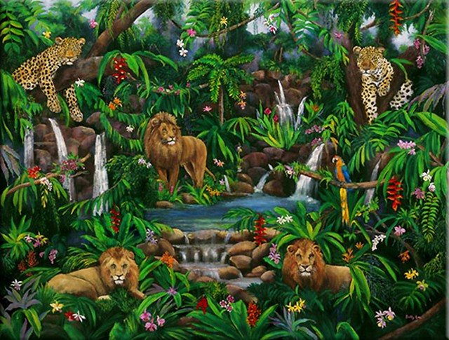 lions, leopards, macaws, monkeys, rain forest, jungle animals, waterfalls