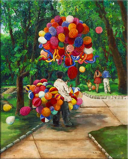 painting of a balloon man, balloon seller,  mexico, balloons, balloon man