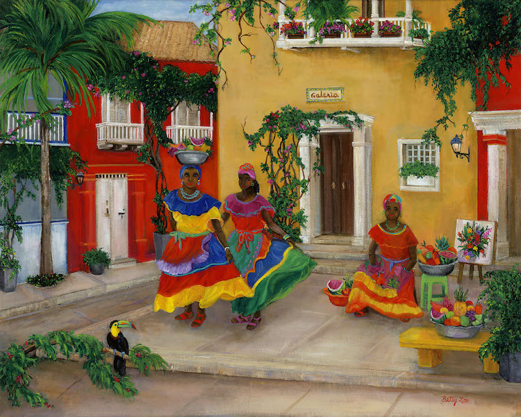 Caribbean women, fruit sellers in Columbia, colorful ladies