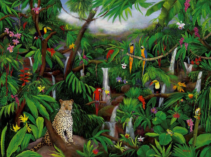 cloud forest, rain forest, leopard, Parrots, jungle animals, wild life painting