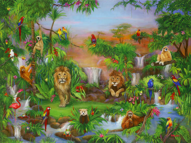lions, tropical birds, tropical scene, monkeys, jungle