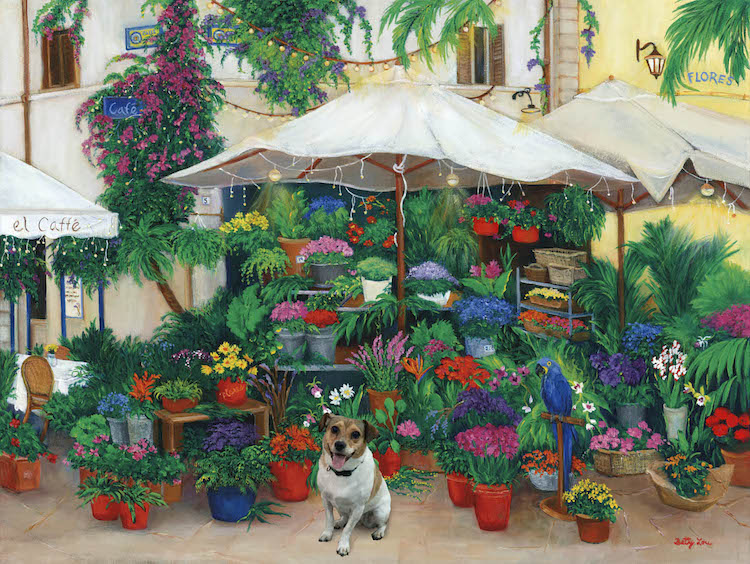 flower market, france, pet dog, street scene