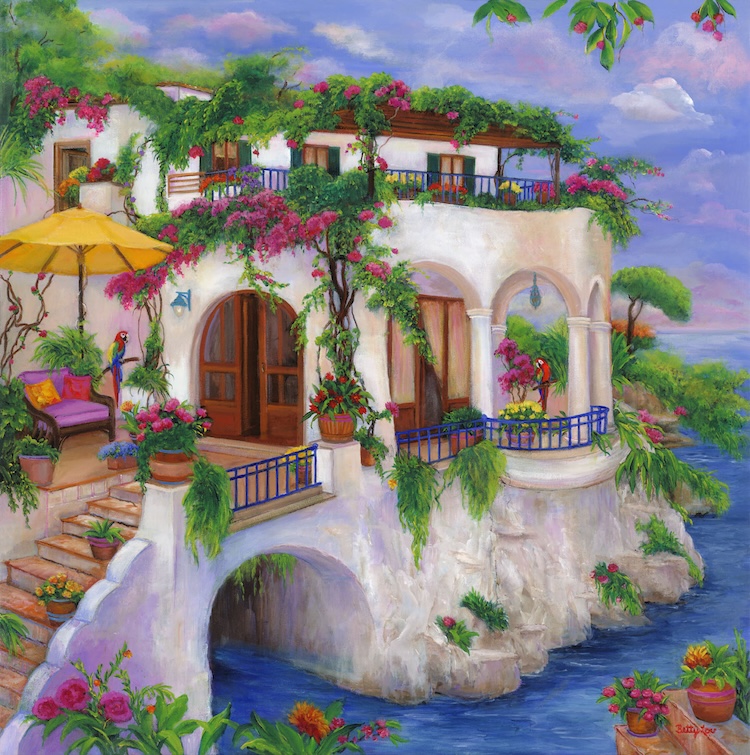 A Painting of a Villa on the Amalfi Coast of Italy, Italy, Amalfi Coast