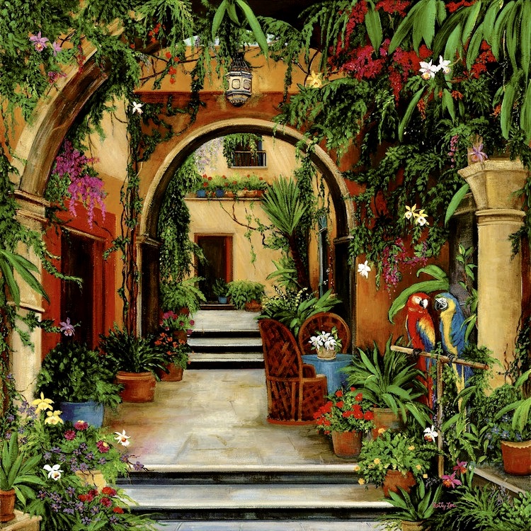 Mexic, hacienda, mexican courtyard, parrots