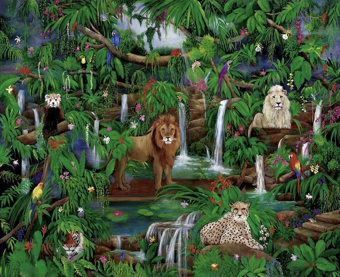 jungle setting, wildlife painting, lions, cheetah, macaws, toucan, waterfalls