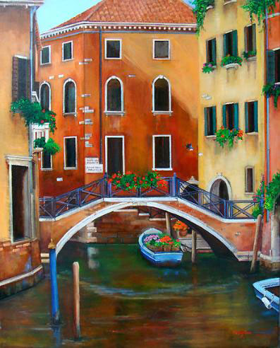 Painting of Venice Canal, bridge, boat colorful buildings