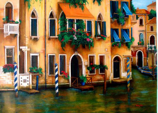 Venice italy canal Painting, flowers on a canal