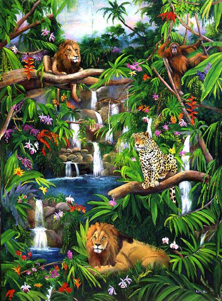 Wildlife painting, painting of lions, tropical birds, orangutang and a leopard