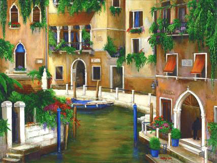 painting of a Hotel on the Canal Venice Italy.  Hanging greens. venice canal