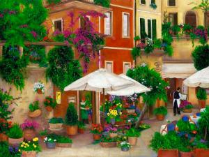 cinque Terre, Italy, flower seller, cafe, Europe, street scene