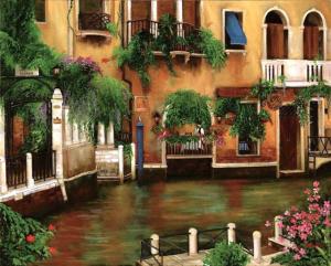 Venice Canal Painting with hanging greens, flowers from balconies, Italy
