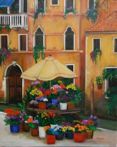 painting of a flower market, a canal. painting of Venice Italy