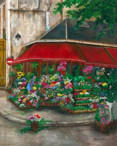 Painting of florist on the left bank of paris france, flower market