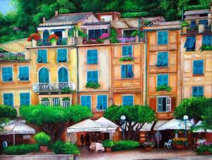Painting of the harbor Portofinio Italy. Painting of waterfront cafes, buildings