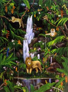 waterfall, jungle, rain forest, lion, leopard, tiger, jungle animals
