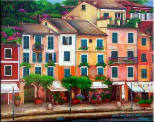 Painting of the harbor Portofino Italy. painting of colorful buildings