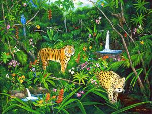 A Jungle, Rainforest painting,tiger,  leopard, jungle animals with waterfall
