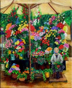 Painting of flower seller,  Rome, Italy,  market umbrella, flower market