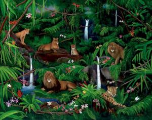 rain forest, waterfall, lions, jungle animals, cloud forest