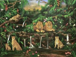 Wildlife painting, Jungle, Lions, cheetahs, leopards