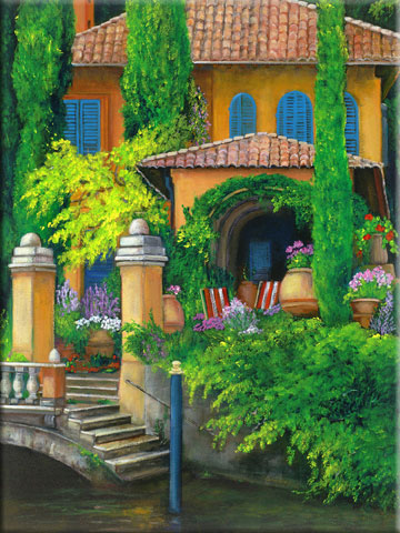 Painting of an Italian Villa, a canal Painting of italian garden