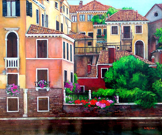 Painting grand canal Venice Italy with a garden