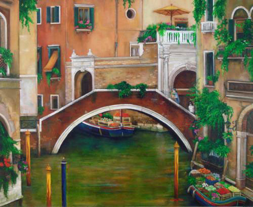 painting of a canal in Venice Italy, bridge market boat