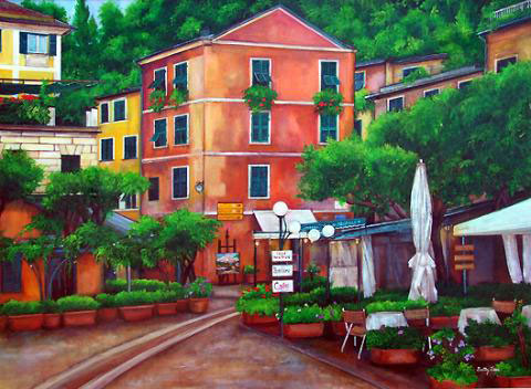 Painting of Portifino Italy. Painting of Italian outdoor Resturants