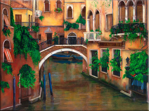 Painting of Venice Italy, Painting of a Trattoria and bridge, Venice canal