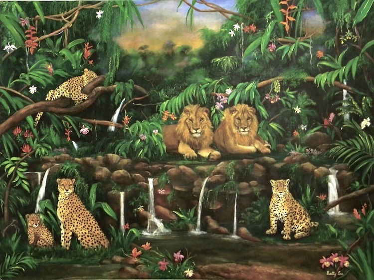 Wildlife painting, Jungle, Lions, cheetahs, leopards